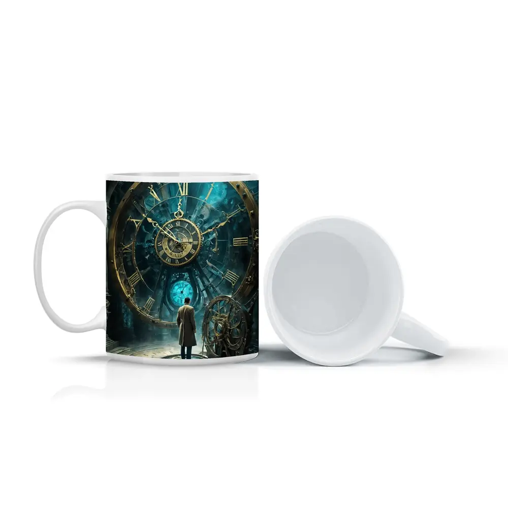 Man Standing Before Giant Steampunk Clock – Mugs