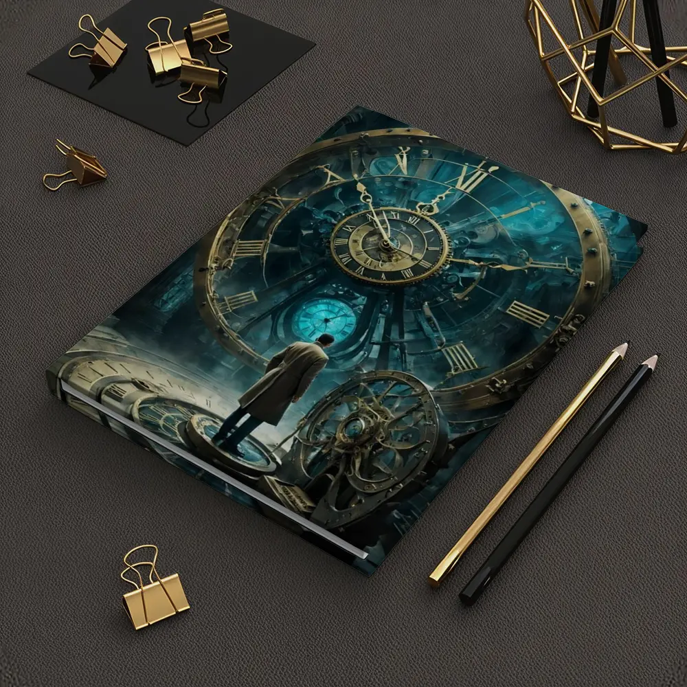 Man Standing Before Giant Steampunk Clock – Notebooks