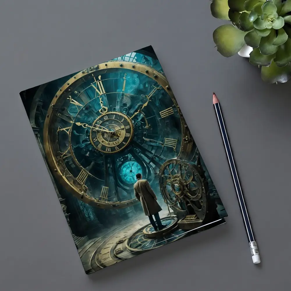 Man Standing Before Giant Steampunk Clock – Notebooks