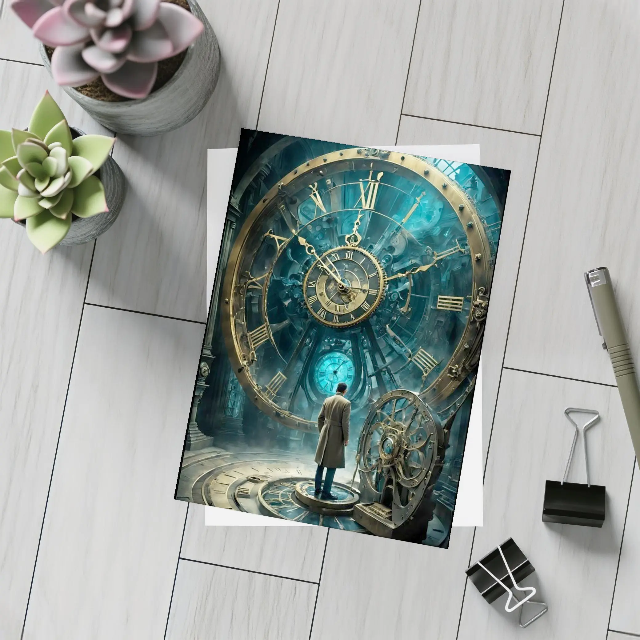 Man Standing Before Giant Steampunk Clock – Postcards