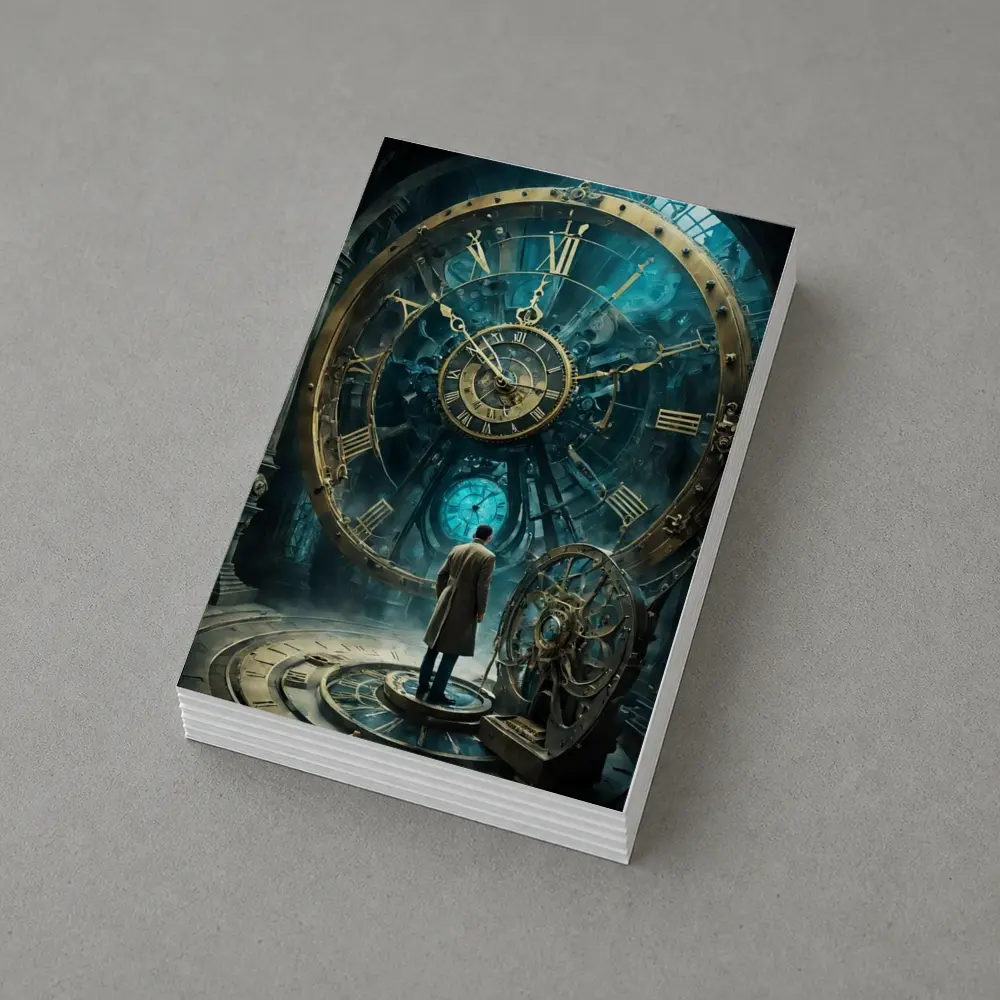 Man Standing Before Giant Steampunk Clock – Postcards