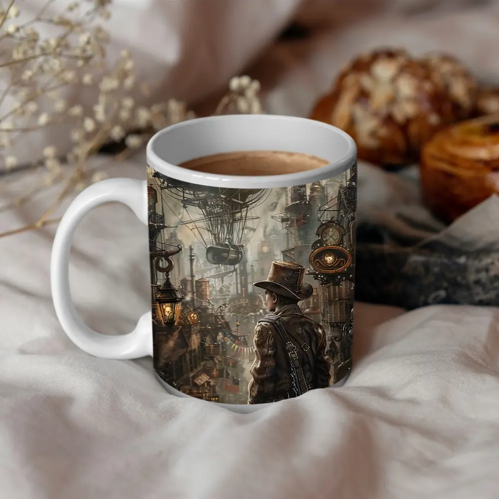 Steampunk Explorer Airships Industrial City Art – Mugs