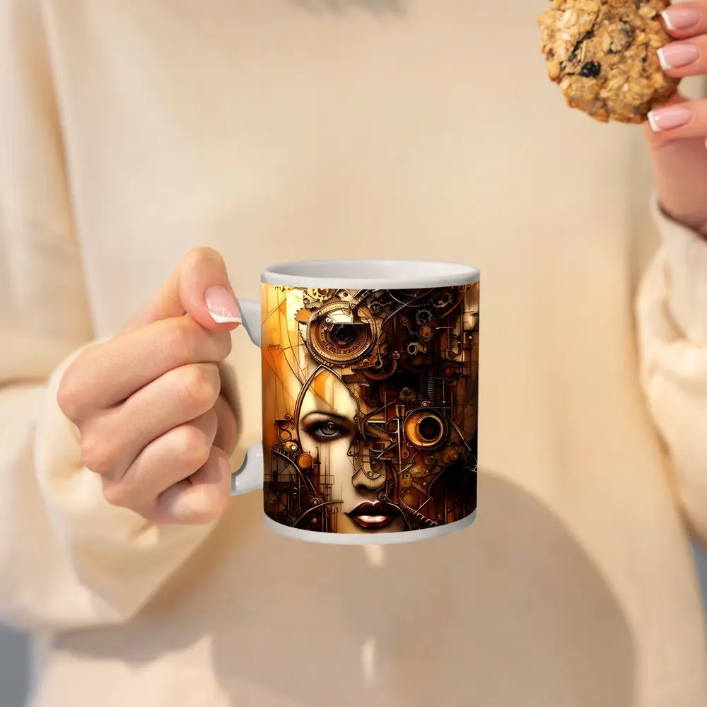 Steampunk Woman Face Gears Mechanical Art – Mugs