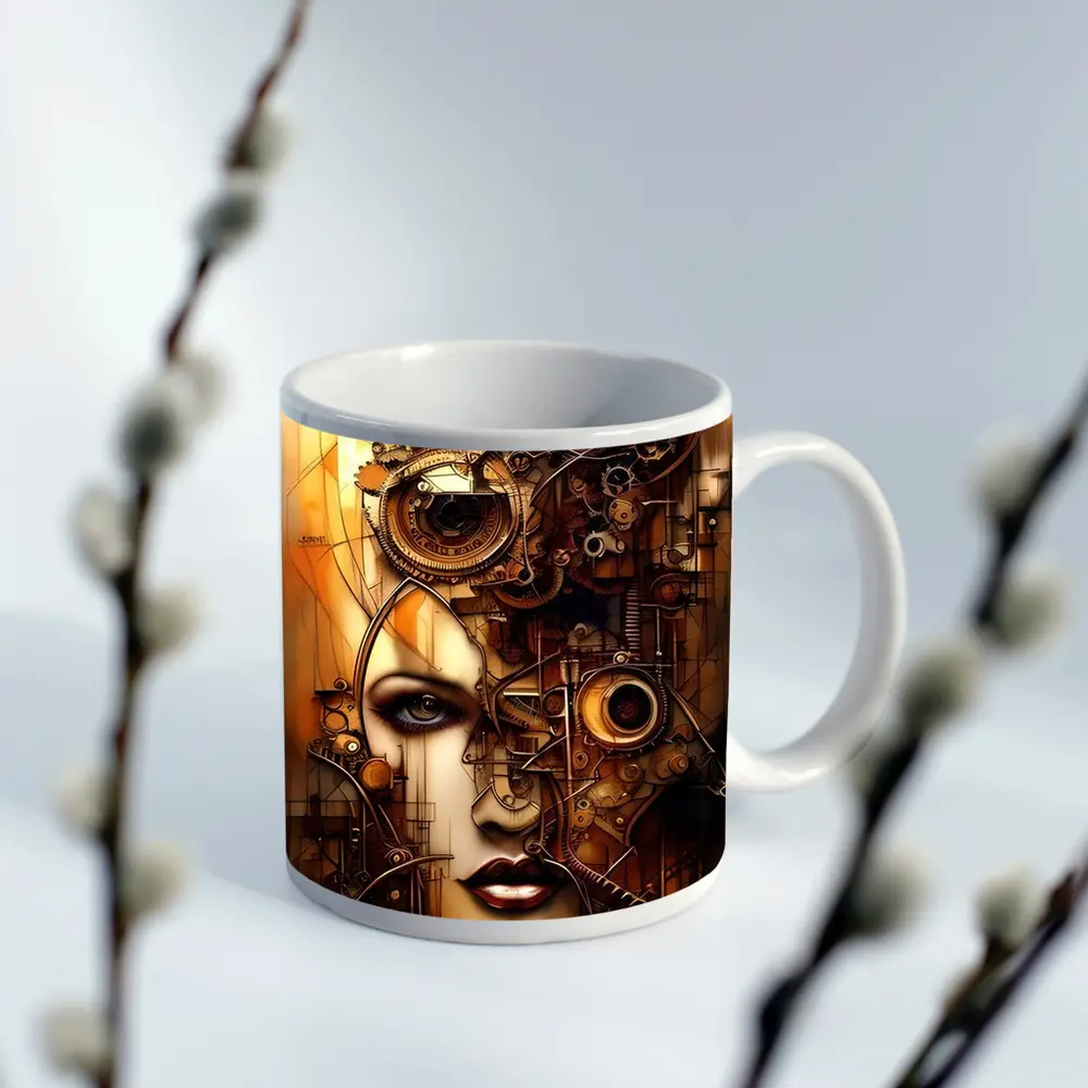 Steampunk Woman Face Gears Mechanical Art – Mugs