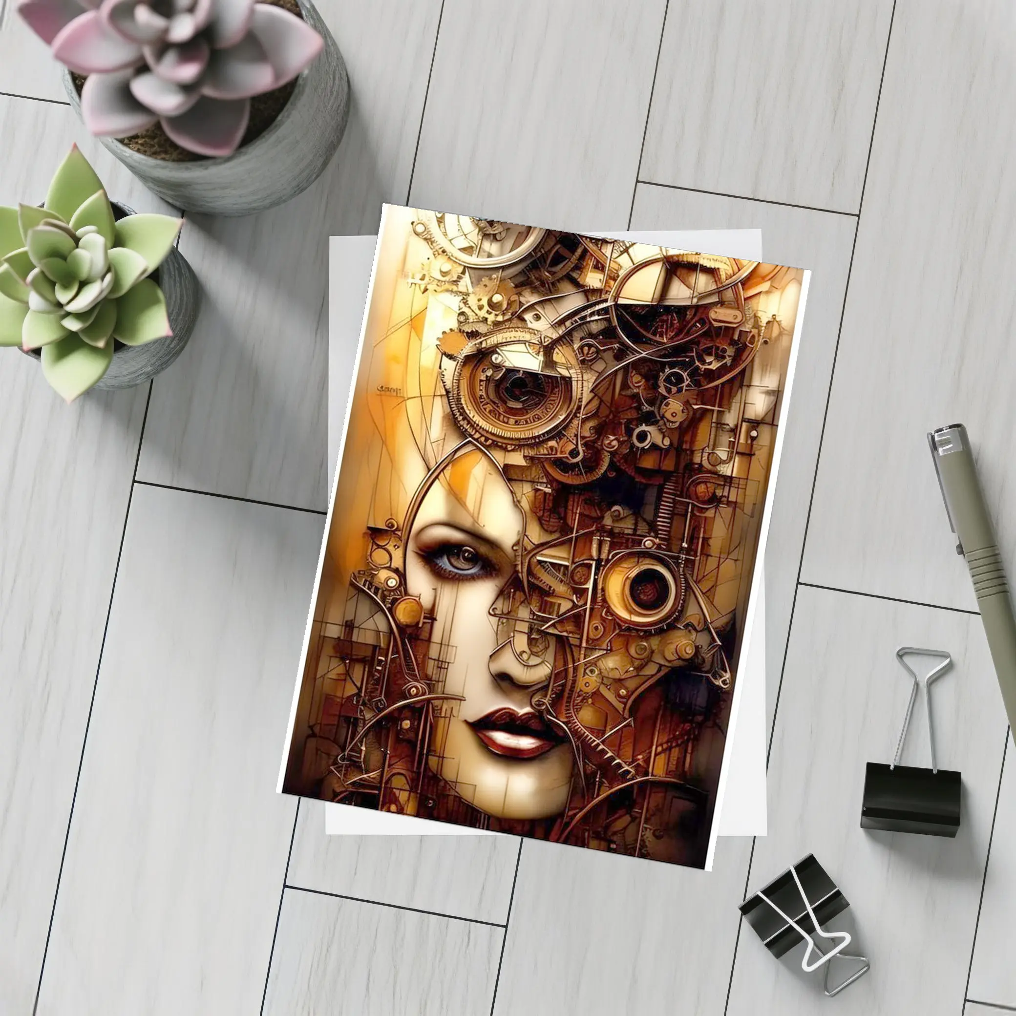 Steampunk Woman Face Gears Mechanical Art – Postcards