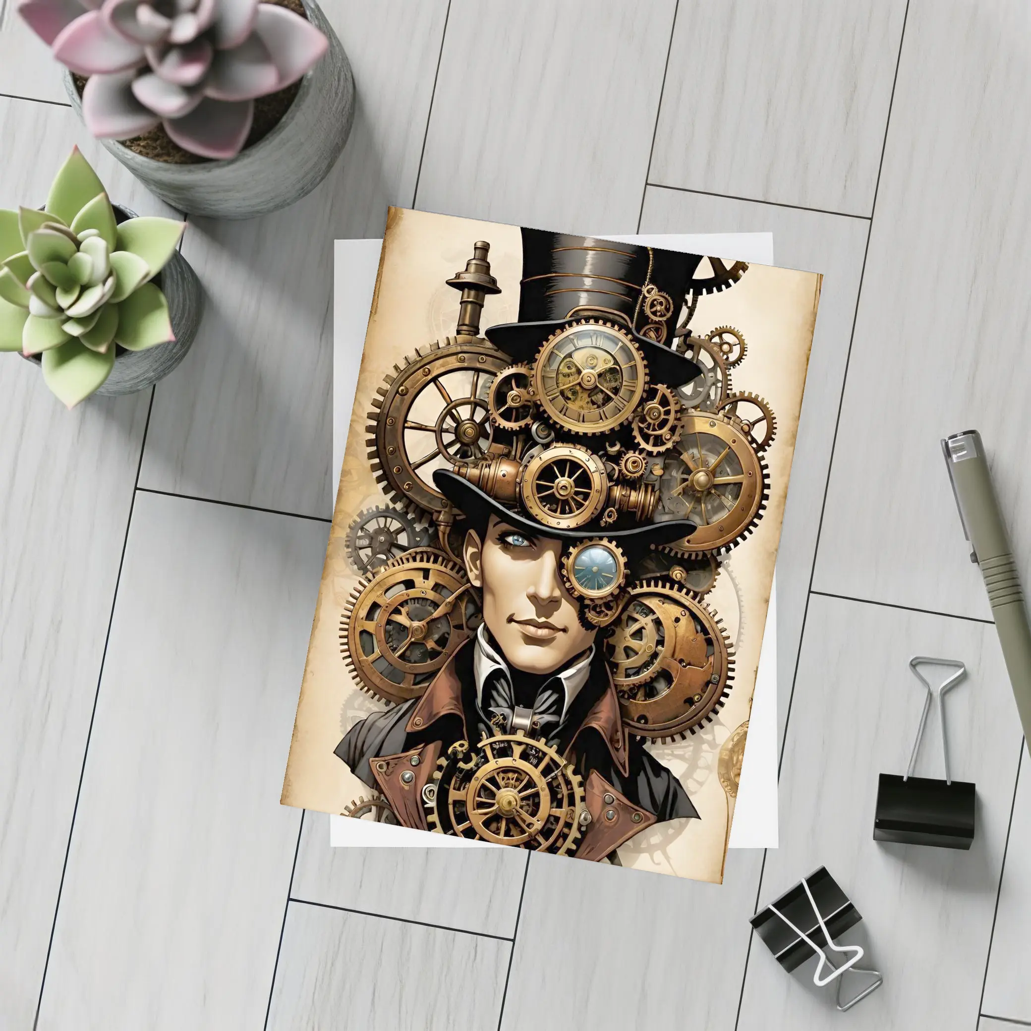 Steampunk Gentleman Portrait With Brass Gears – Postcards