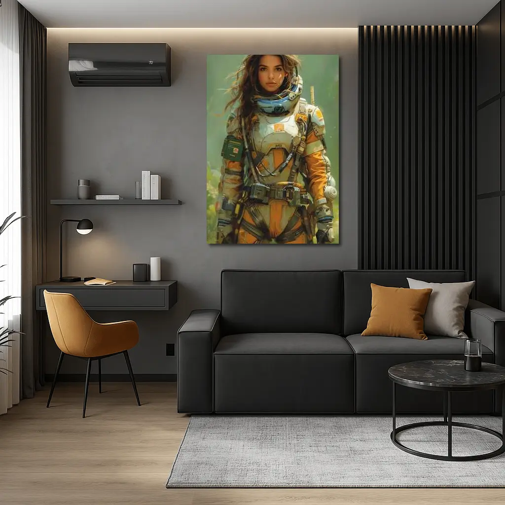 Female Astronaut Space Suit Green Background Art – Wall Art