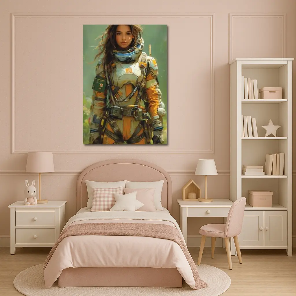 Female Astronaut Space Suit Green Background Art – Wall Art