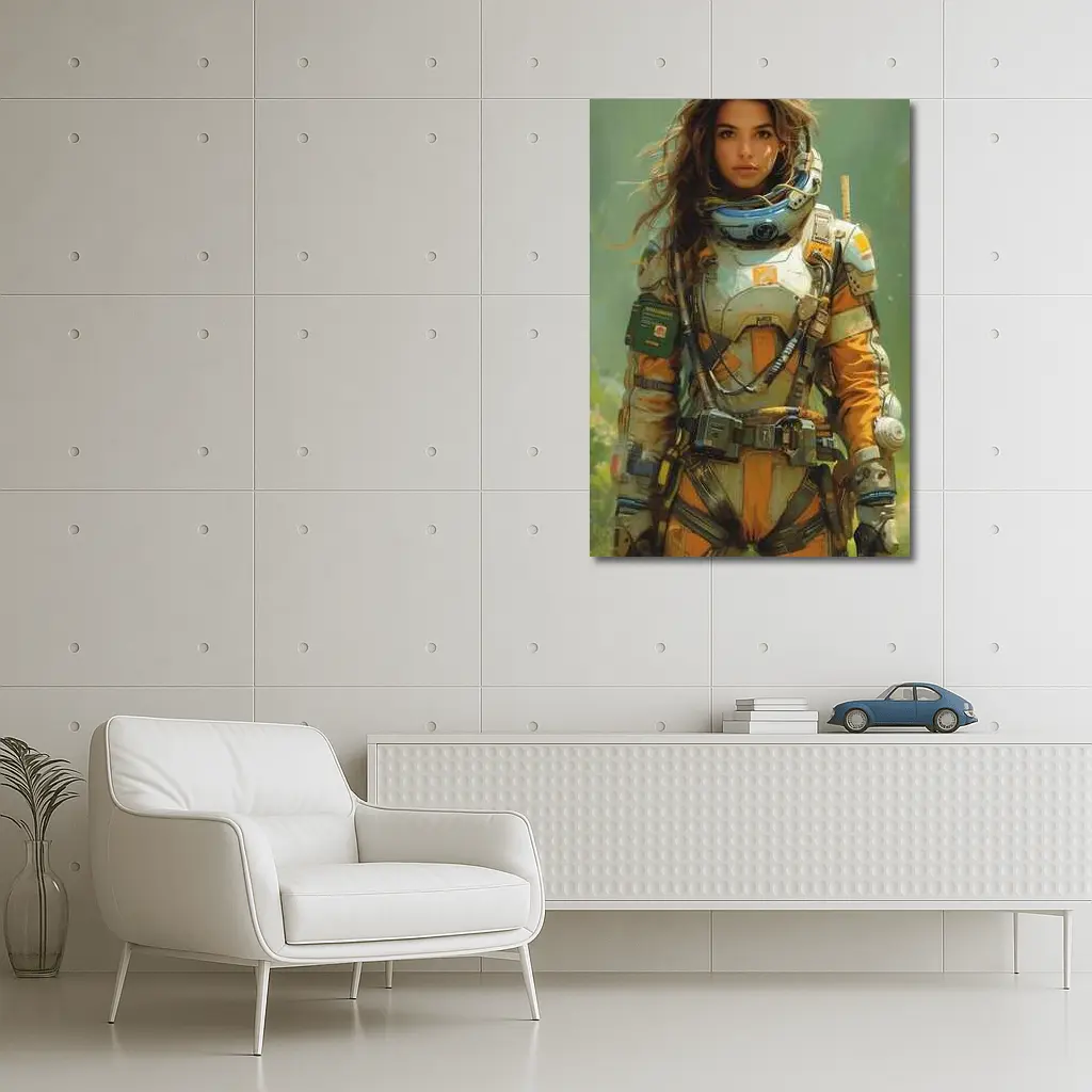 Female Astronaut Space Suit Green Background Art – Wall Art
