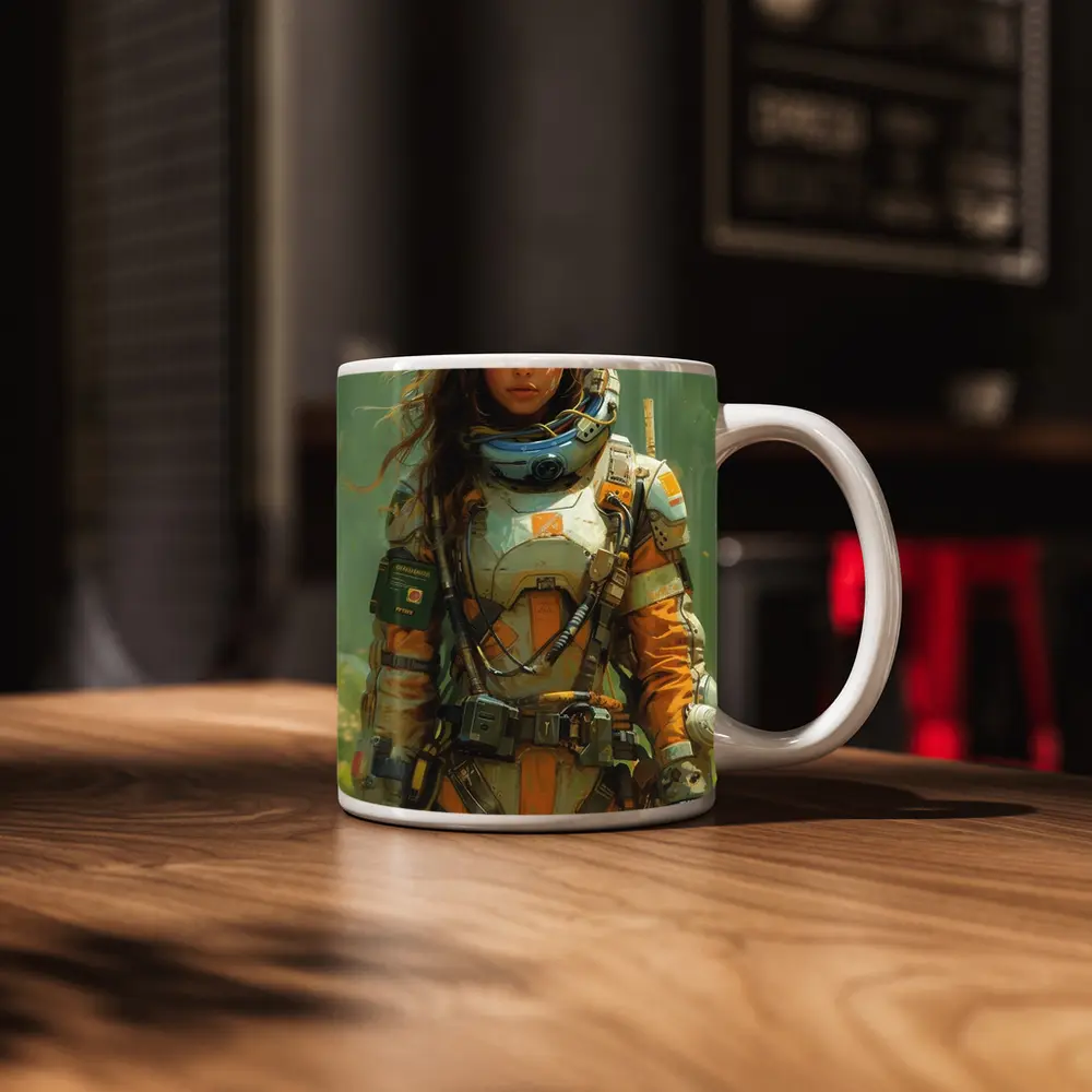 Female Astronaut Space Suit Green Background Art – Mugs