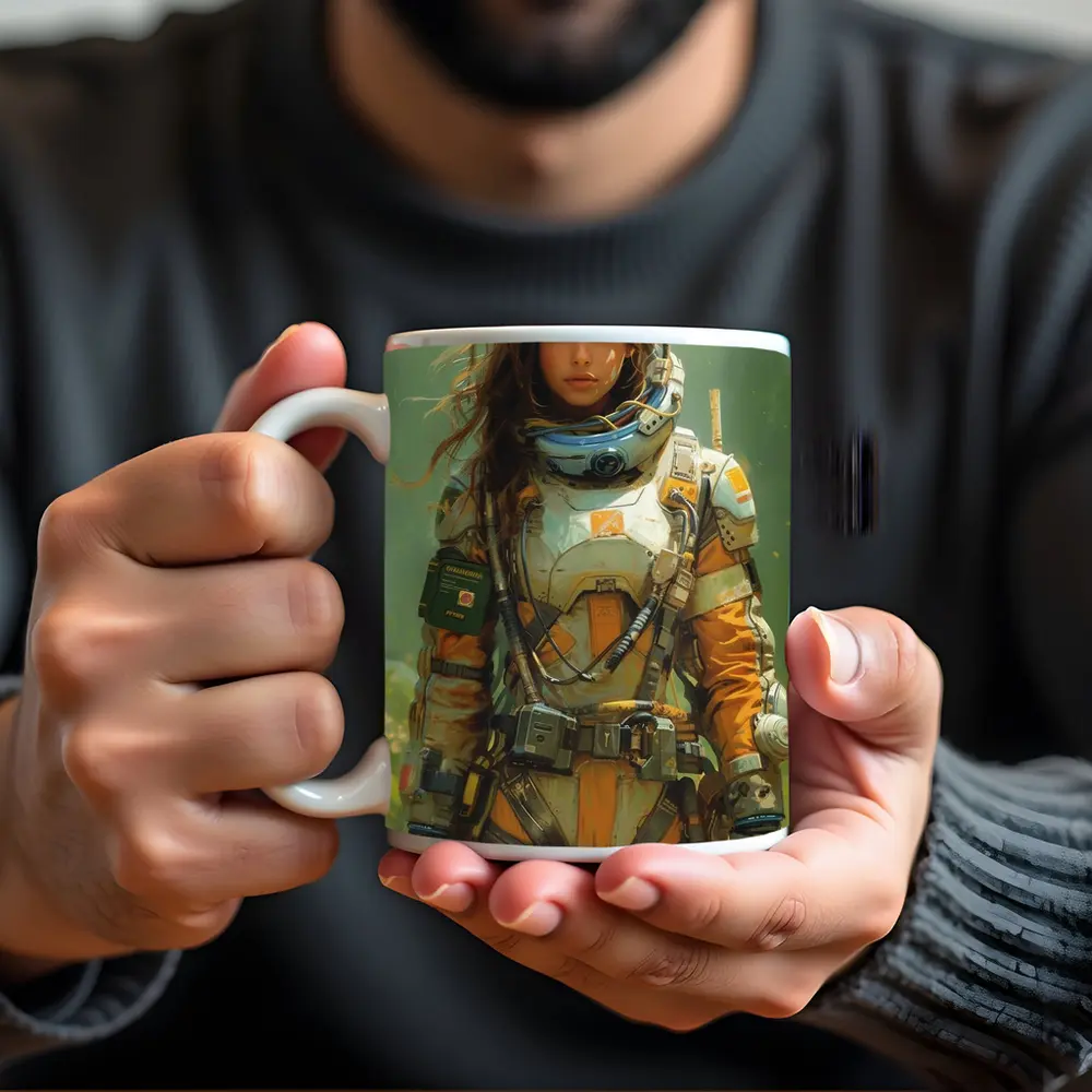 Female Astronaut Space Suit Green Background Art – Mugs