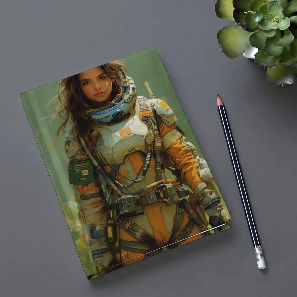 Female Astronaut Space Suit Green Background Art – Notebooks
