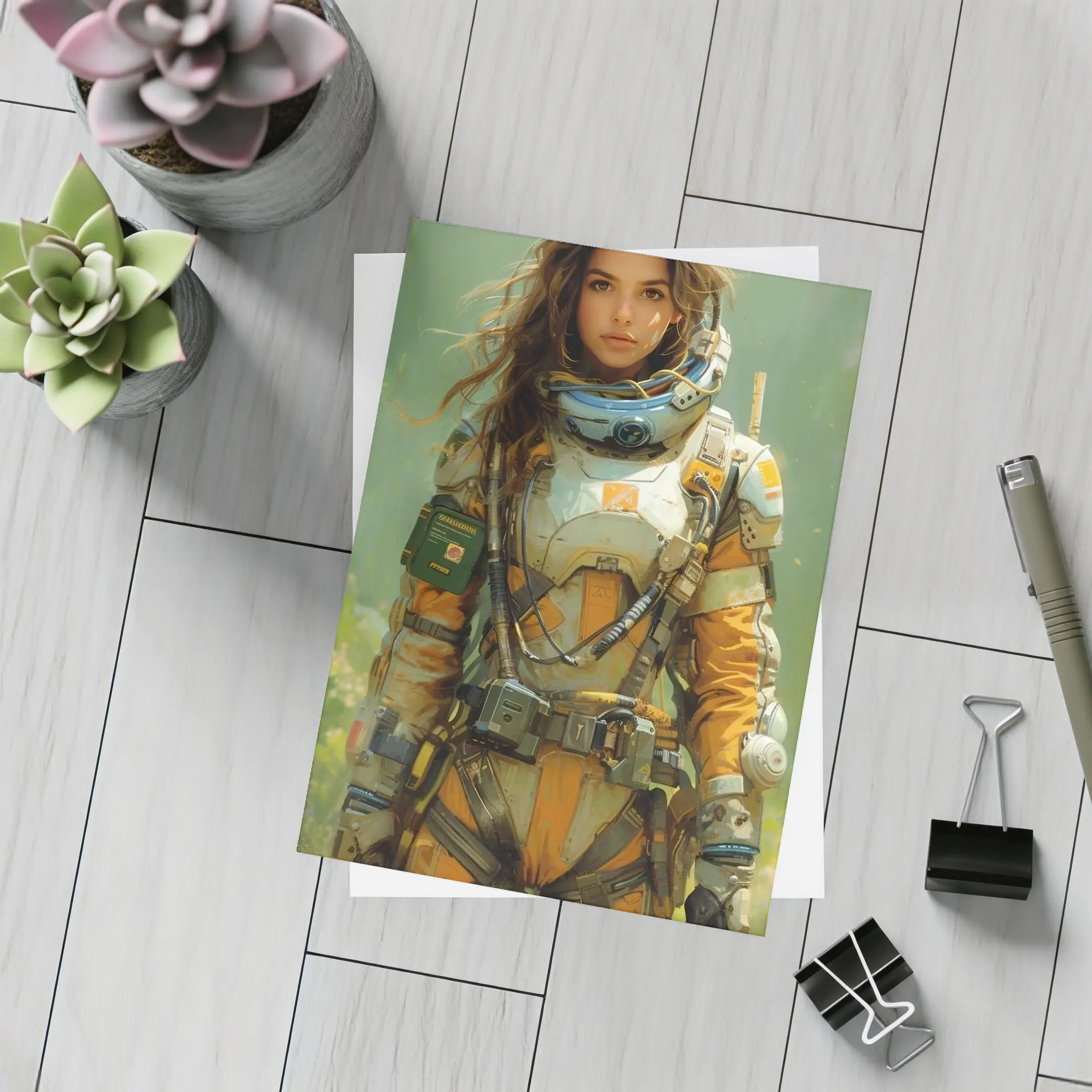 Female Astronaut Space Suit Green Background Art – Postcards