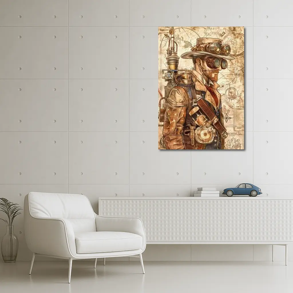 Steampunk Man With Goggles Blueprint Background – Wall Art