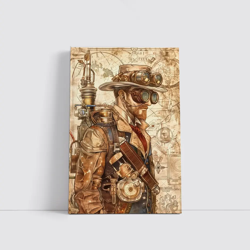 Steampunk Man With Goggles Blueprint Background – Wall Art