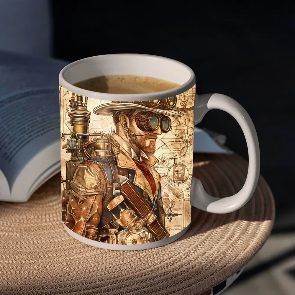 Steampunk Man With Goggles Blueprint Background – Mugs