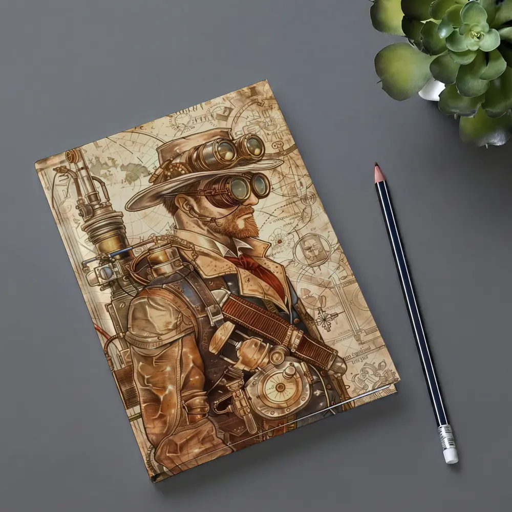 Steampunk Man With Goggles Blueprint Background – Notebooks