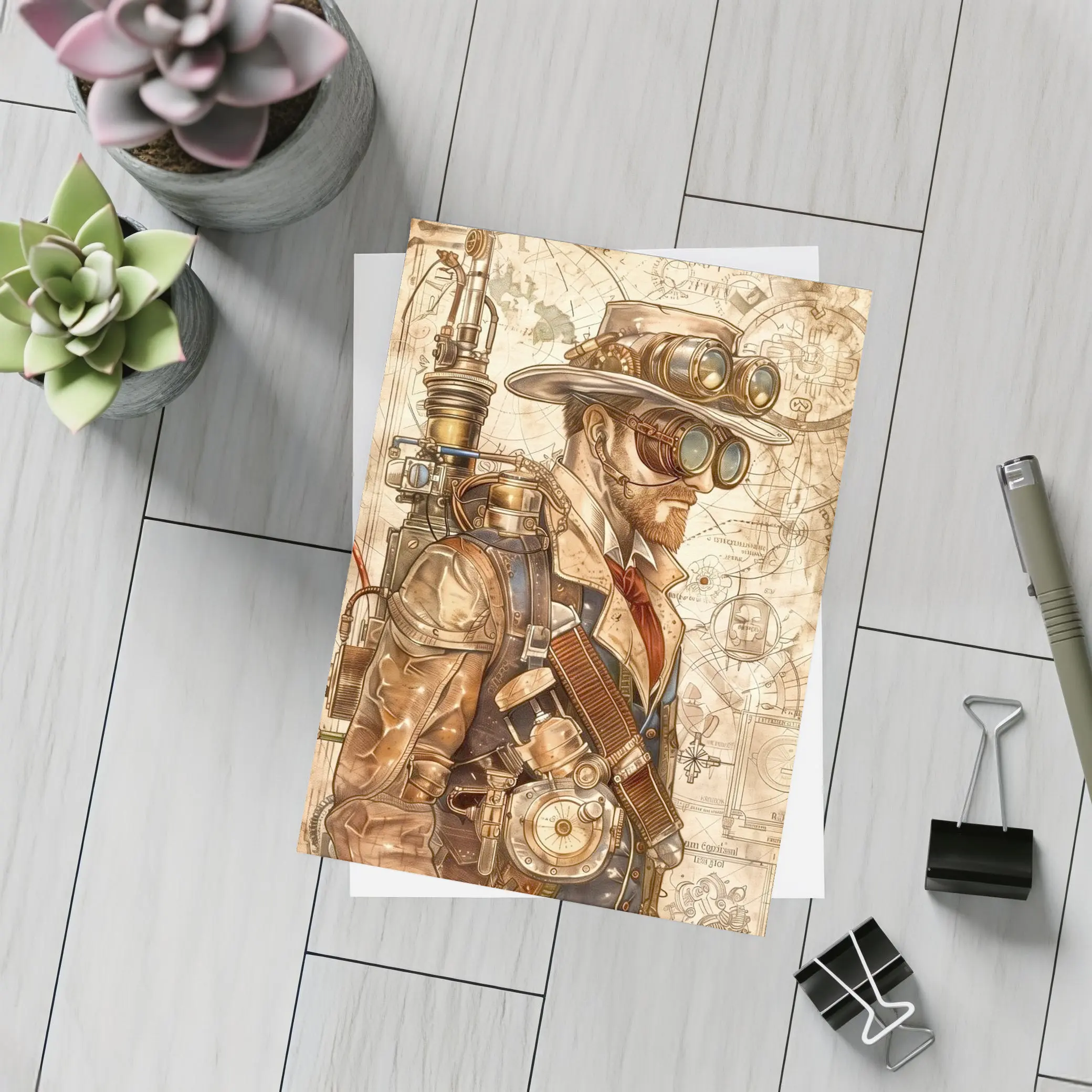 Steampunk Man With Goggles Blueprint Background – Postcards