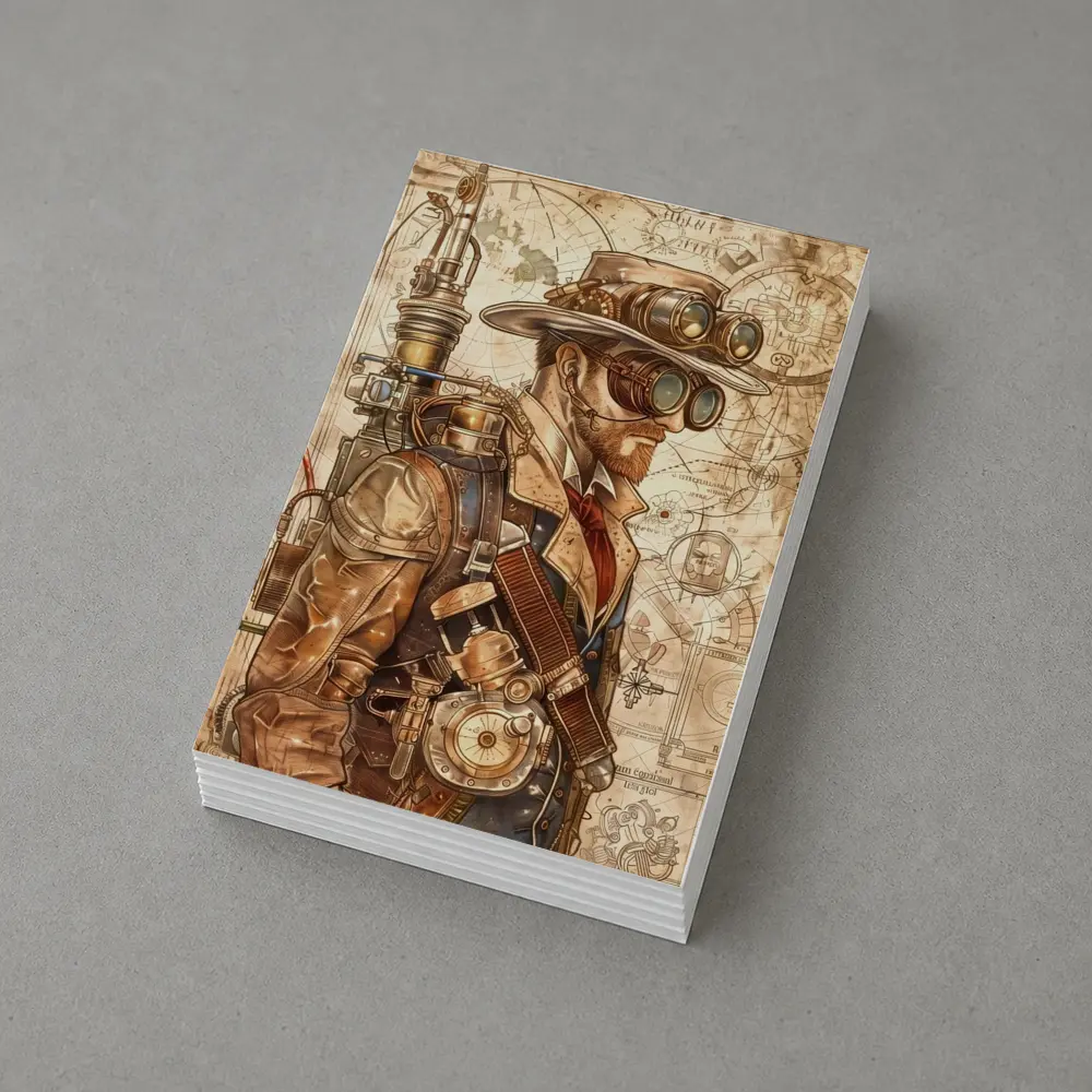 Steampunk Man With Goggles Blueprint Background – Postcards