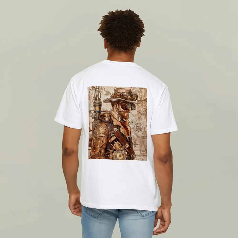 Steampunk Man With Goggles Blueprint Background – T-Shirts