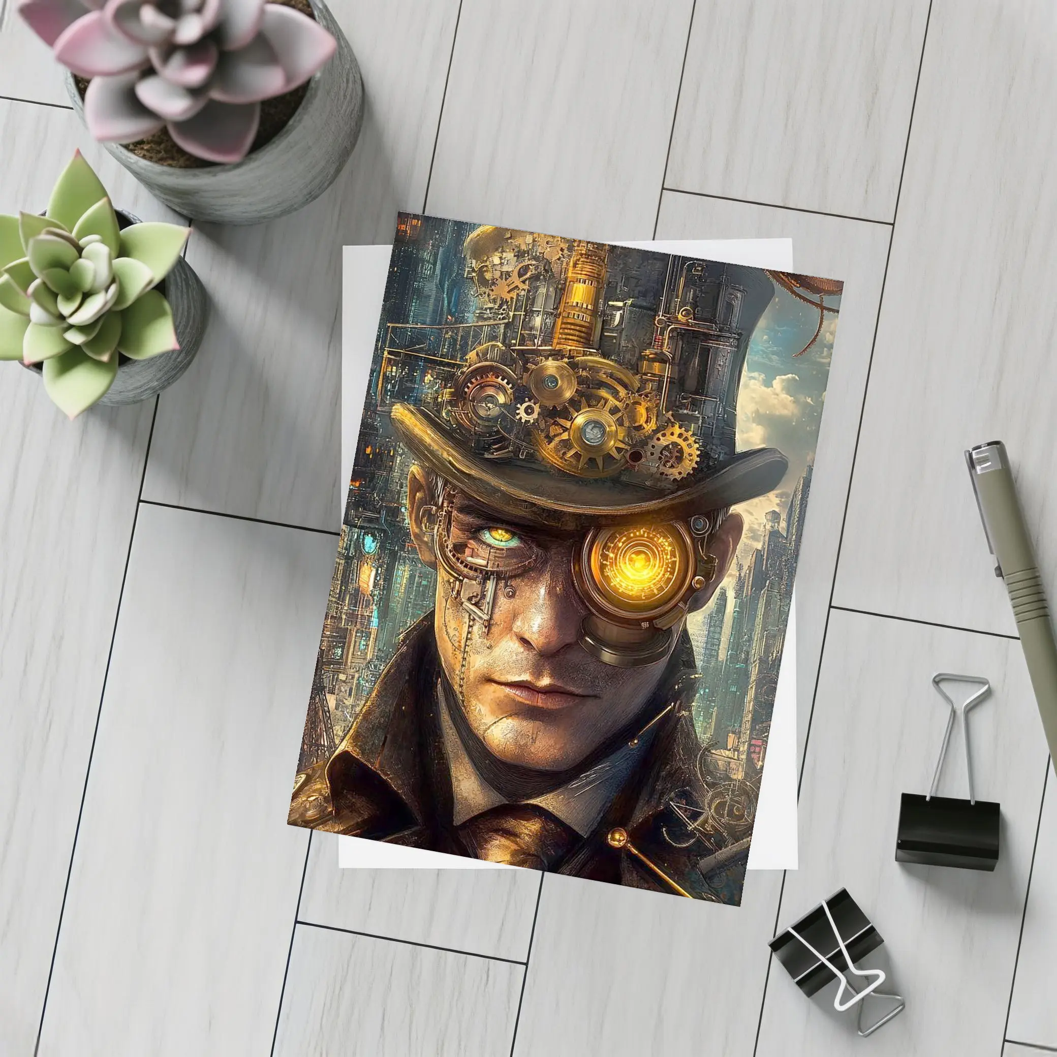 Steampunk Man With Gears Industrial City – Postcards