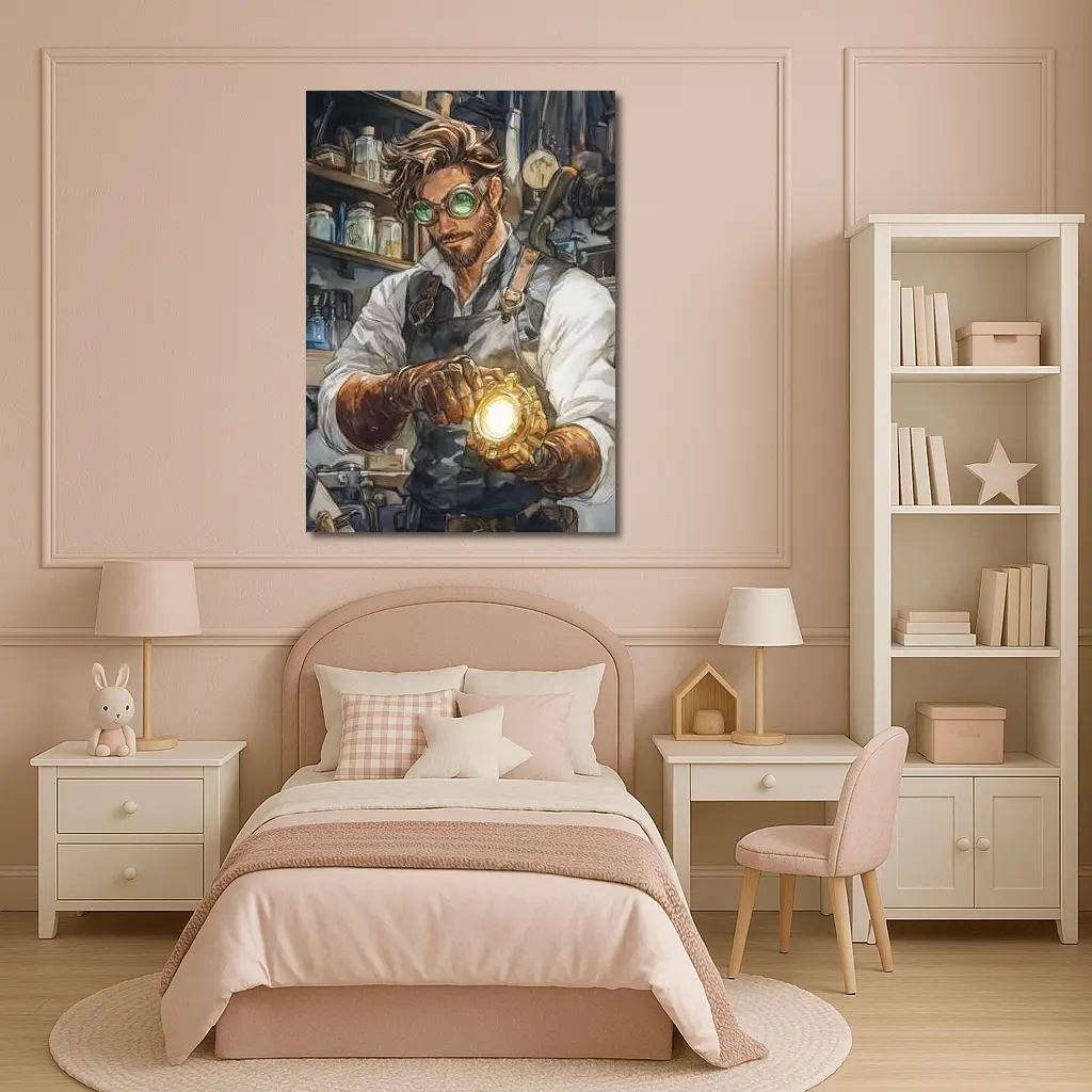 Steampunk Mechanic Watercolor Art Workshop Scene – Wall Art