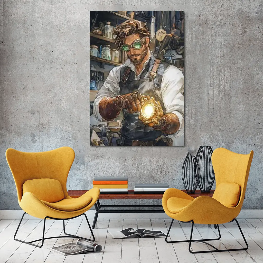Steampunk Mechanic Watercolor Art Workshop Scene – Wall Art