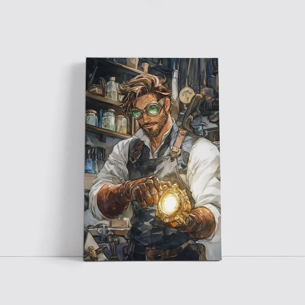 Steampunk Mechanic Watercolor Art Workshop Scene – Wall Art
