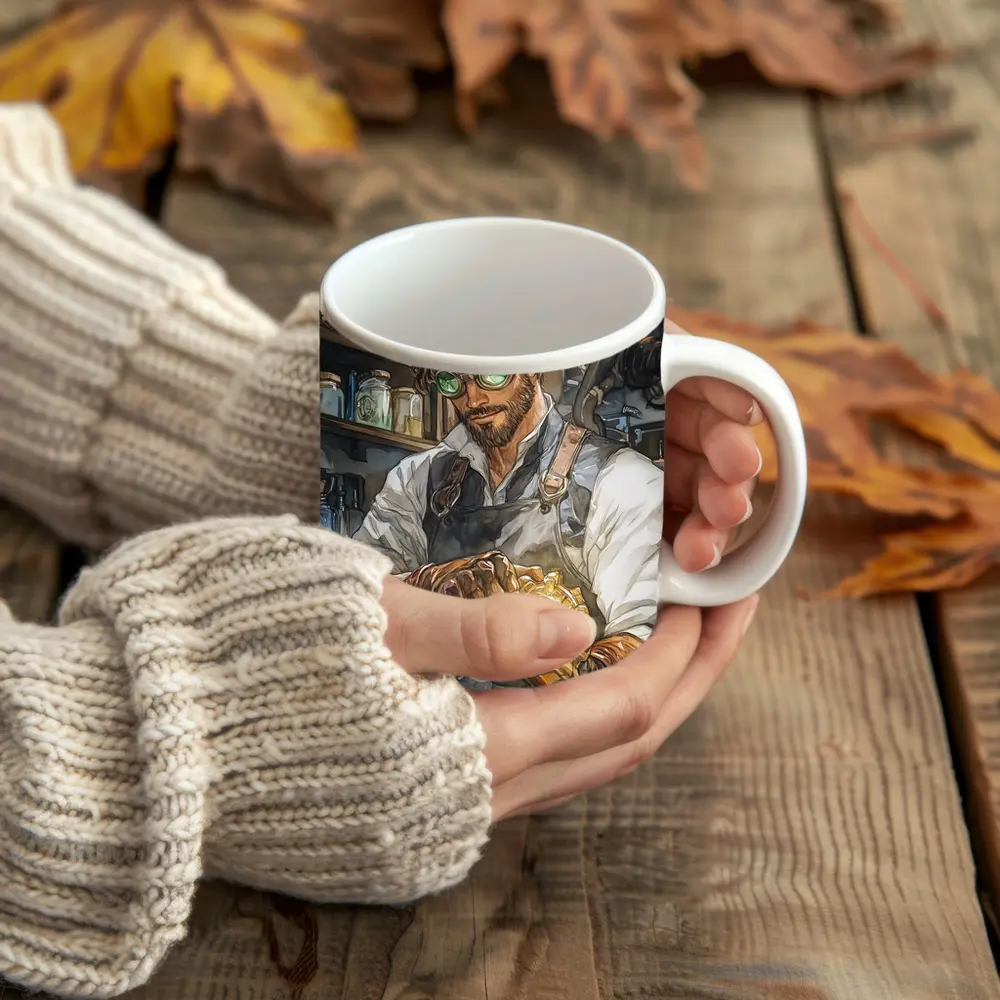 Steampunk Mechanic Watercolor Art Workshop Scene – Mugs
