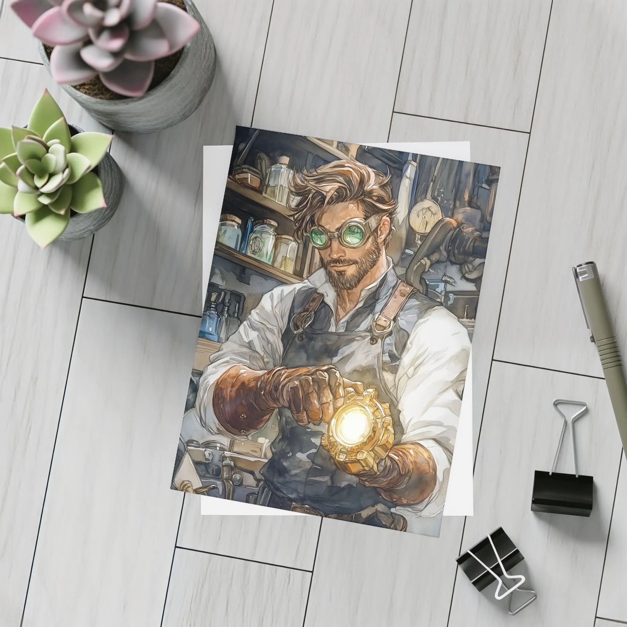 Steampunk Mechanic Watercolor Art Workshop Scene – Postcards