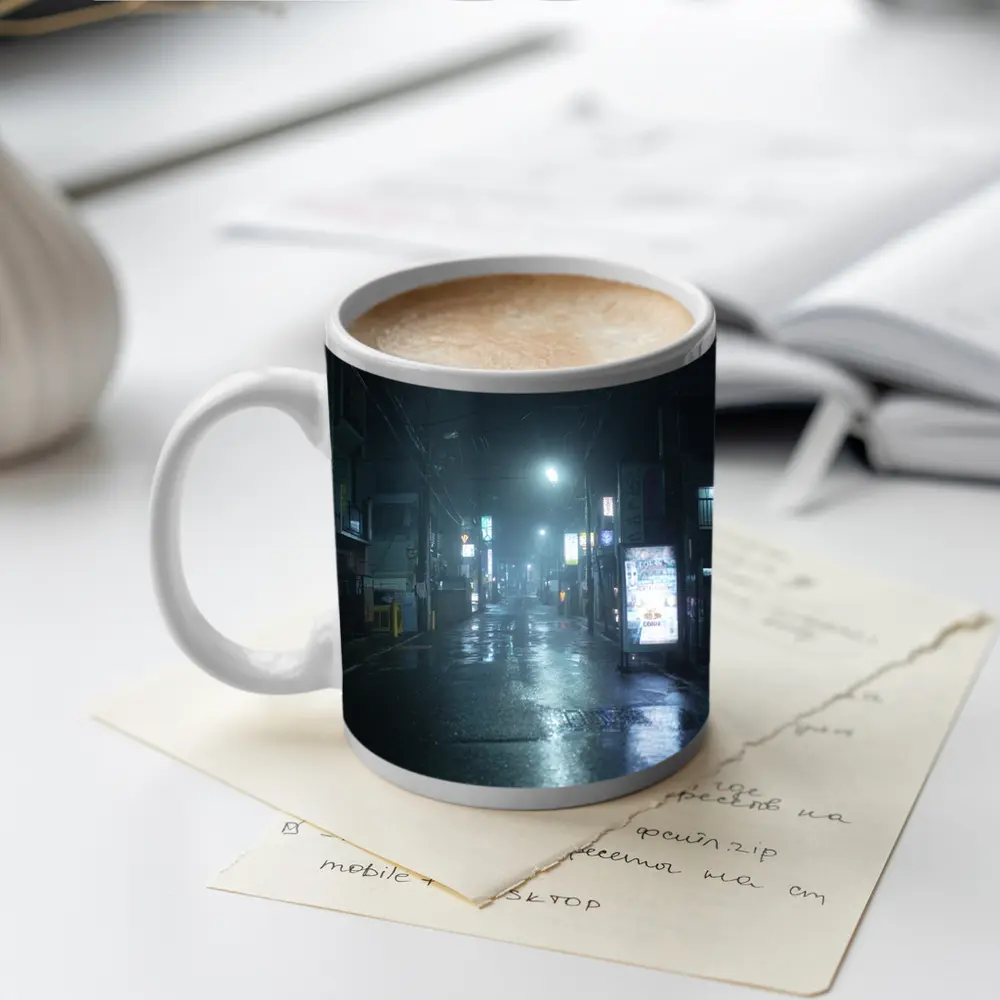Rainy Japanese City Street At Night – Mugs