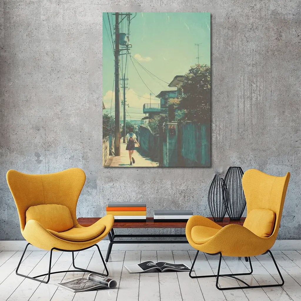 Anime Girl Walking Japanese Suburban Street – Wall Art