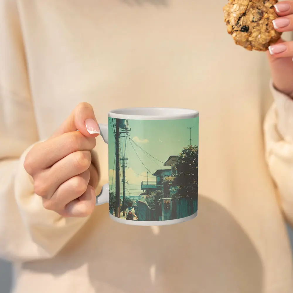 Anime Girl Walking Japanese Suburban Street – Mugs
