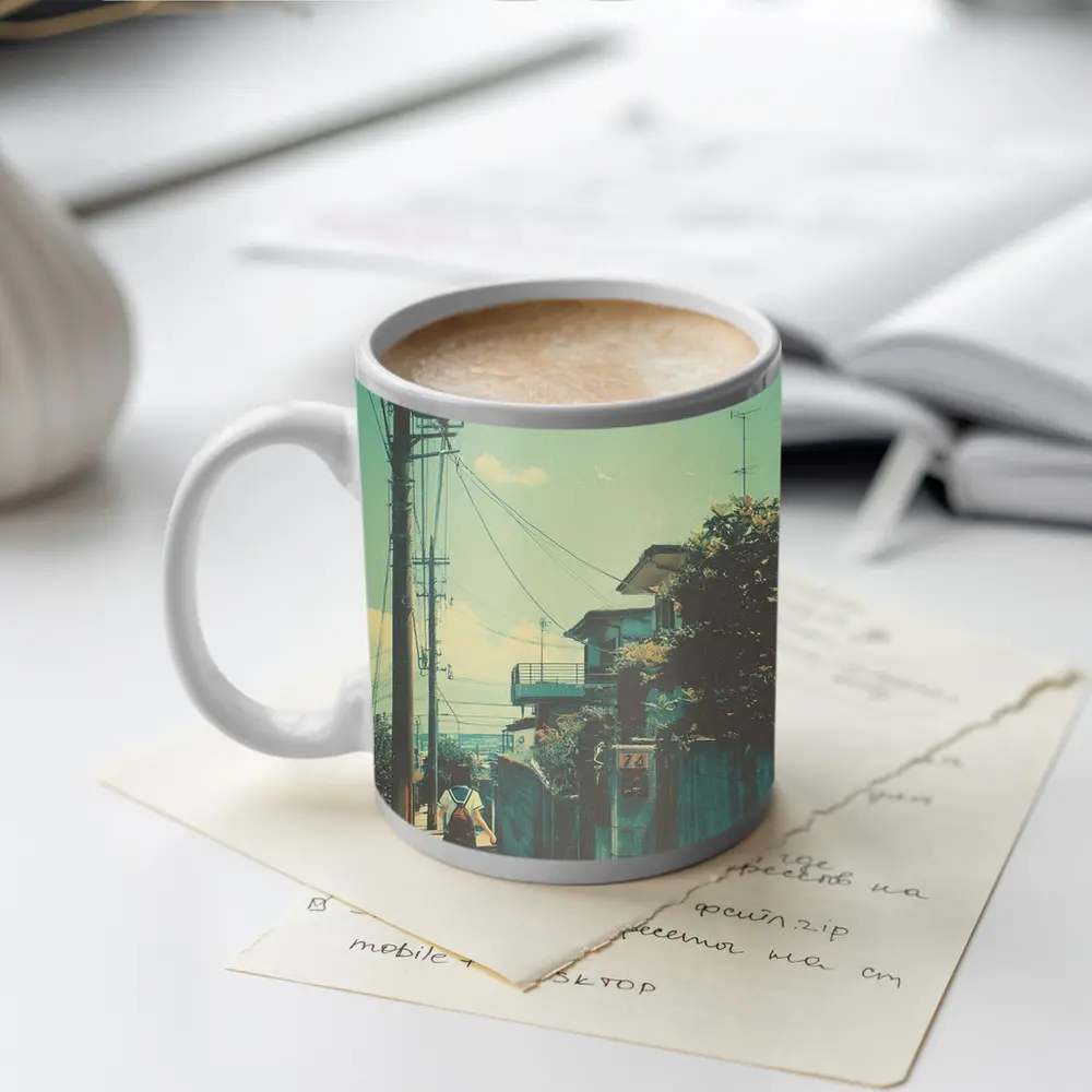 Anime Girl Walking Japanese Suburban Street – Mugs