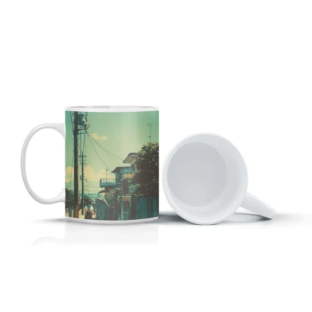 Anime Girl Walking Japanese Suburban Street – Mugs