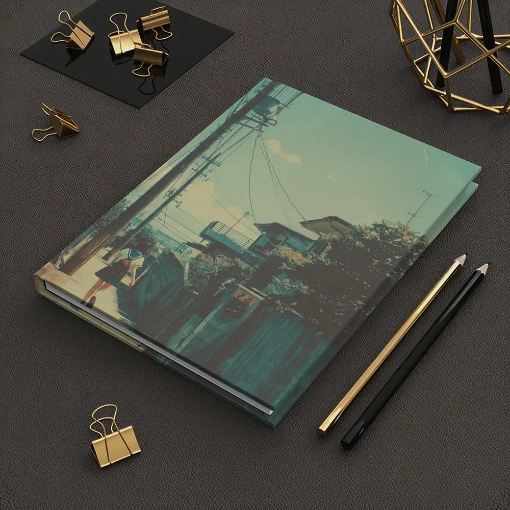 Anime Girl Walking Japanese Suburban Street – Notebooks