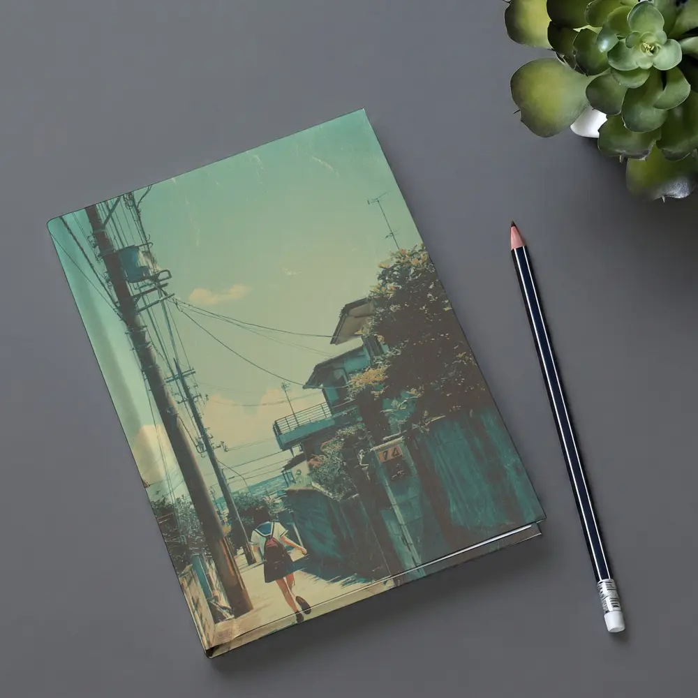 Anime Girl Walking Japanese Suburban Street – Notebooks