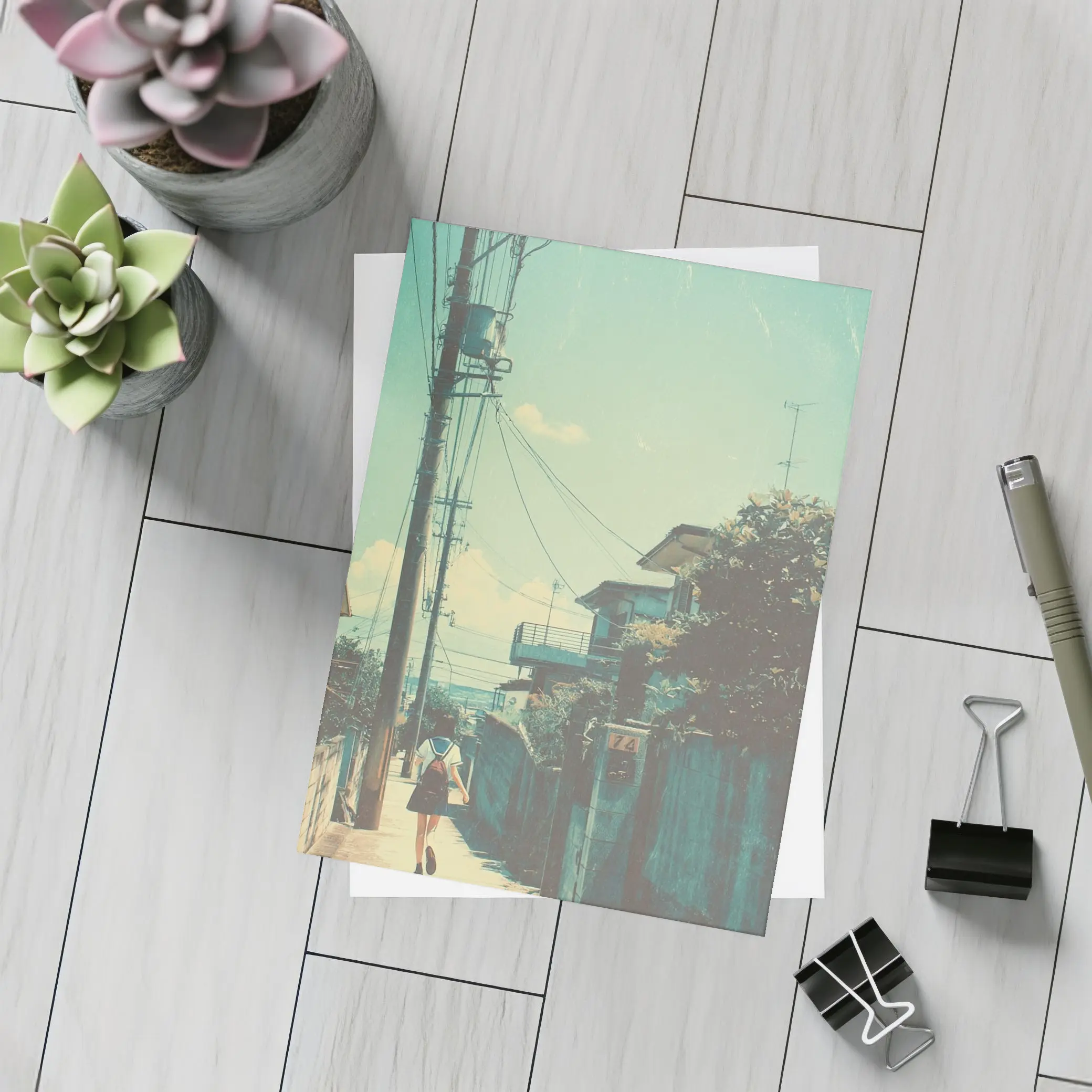 Anime Girl Walking Japanese Suburban Street – Postcards