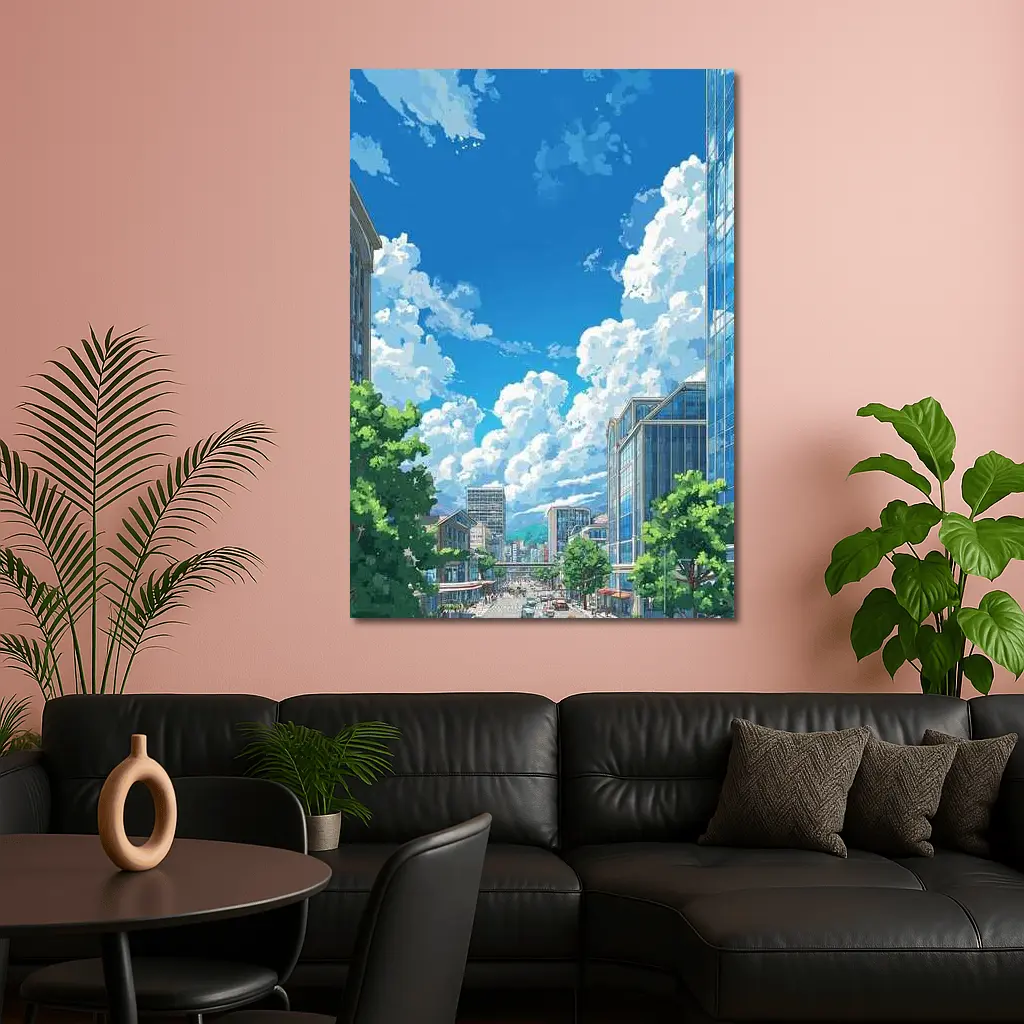 Anime City Street Blue Sky Clouds – Wall Art