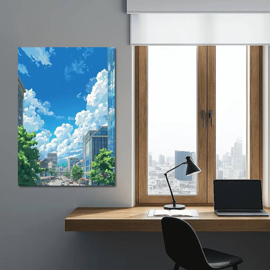 Anime City Street Blue Sky Clouds – Wall Art