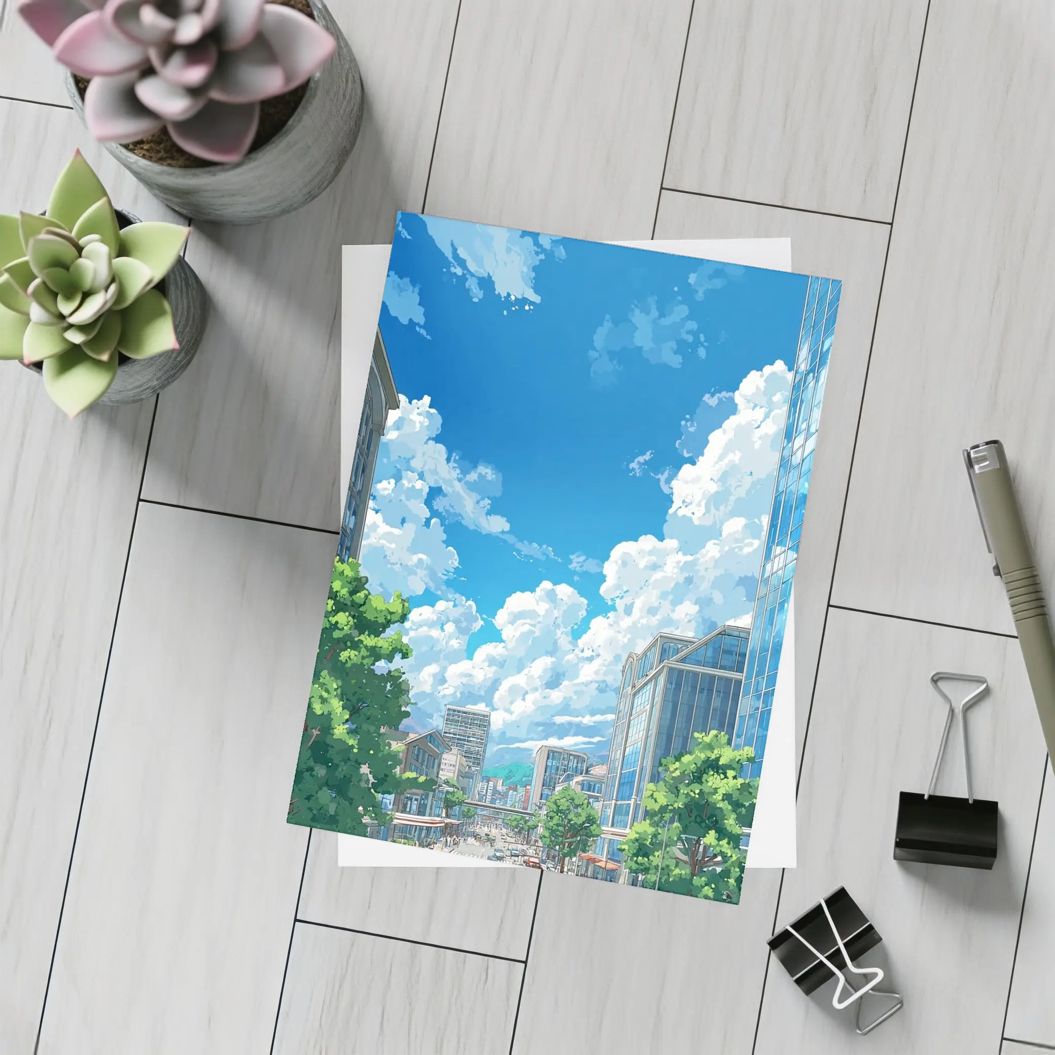 Anime City Street Blue Sky Clouds – Postcards