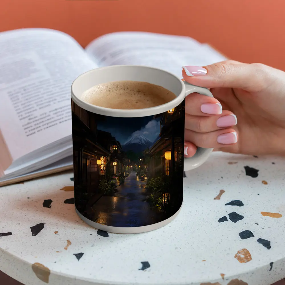 Rainy Japanese Street Night Mount Fuji – Mugs