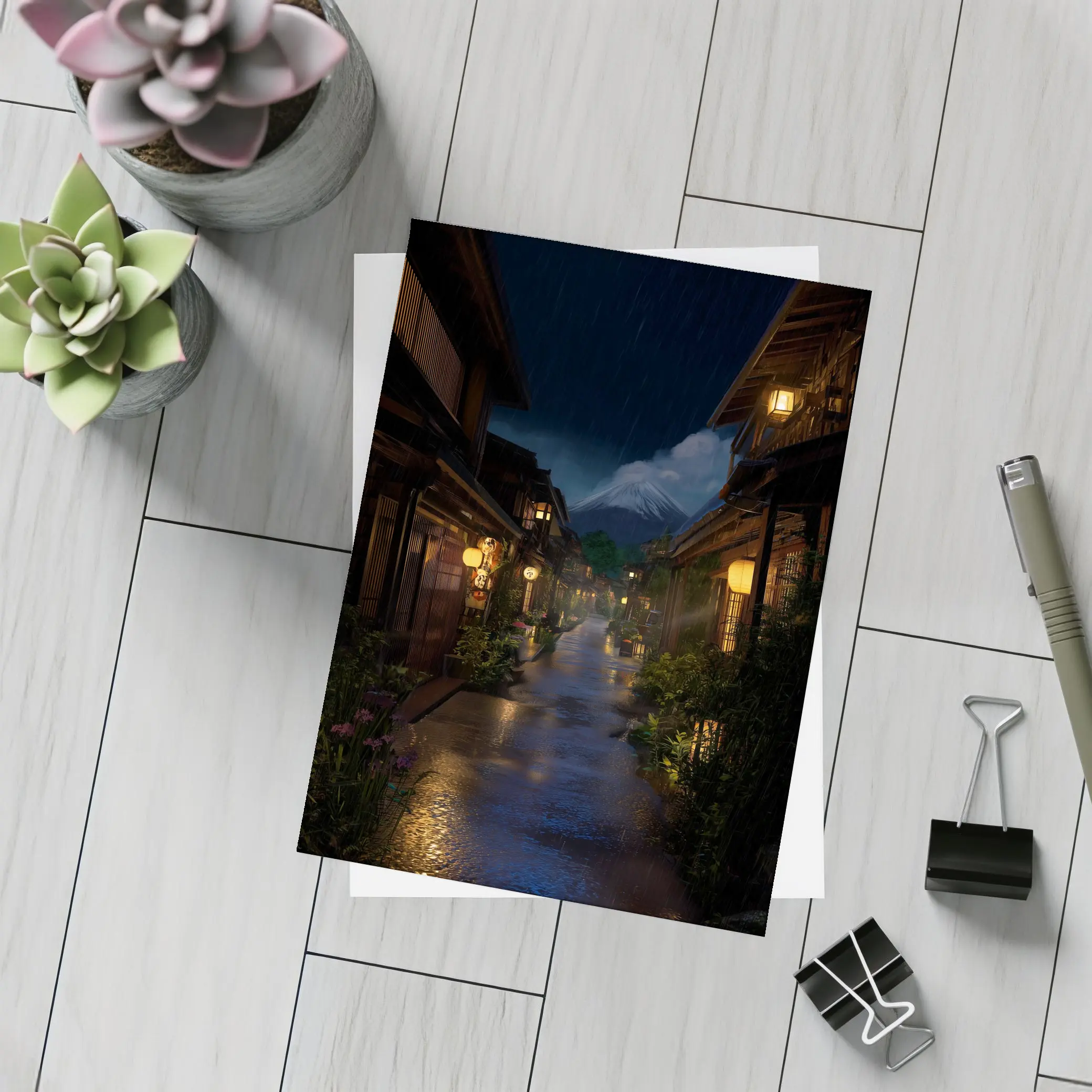 Rainy Japanese Street Night Mount Fuji – Postcards