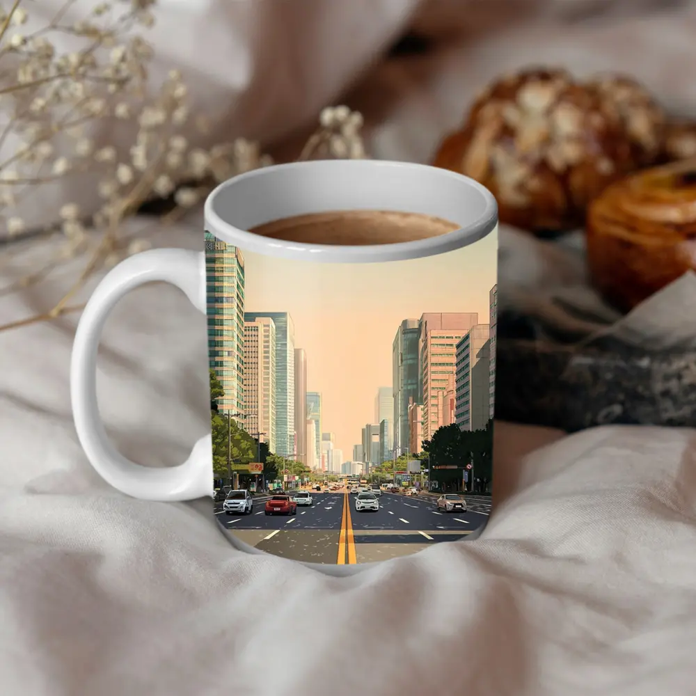 Wide City Boulevard Illustration Minimal Art – Mugs