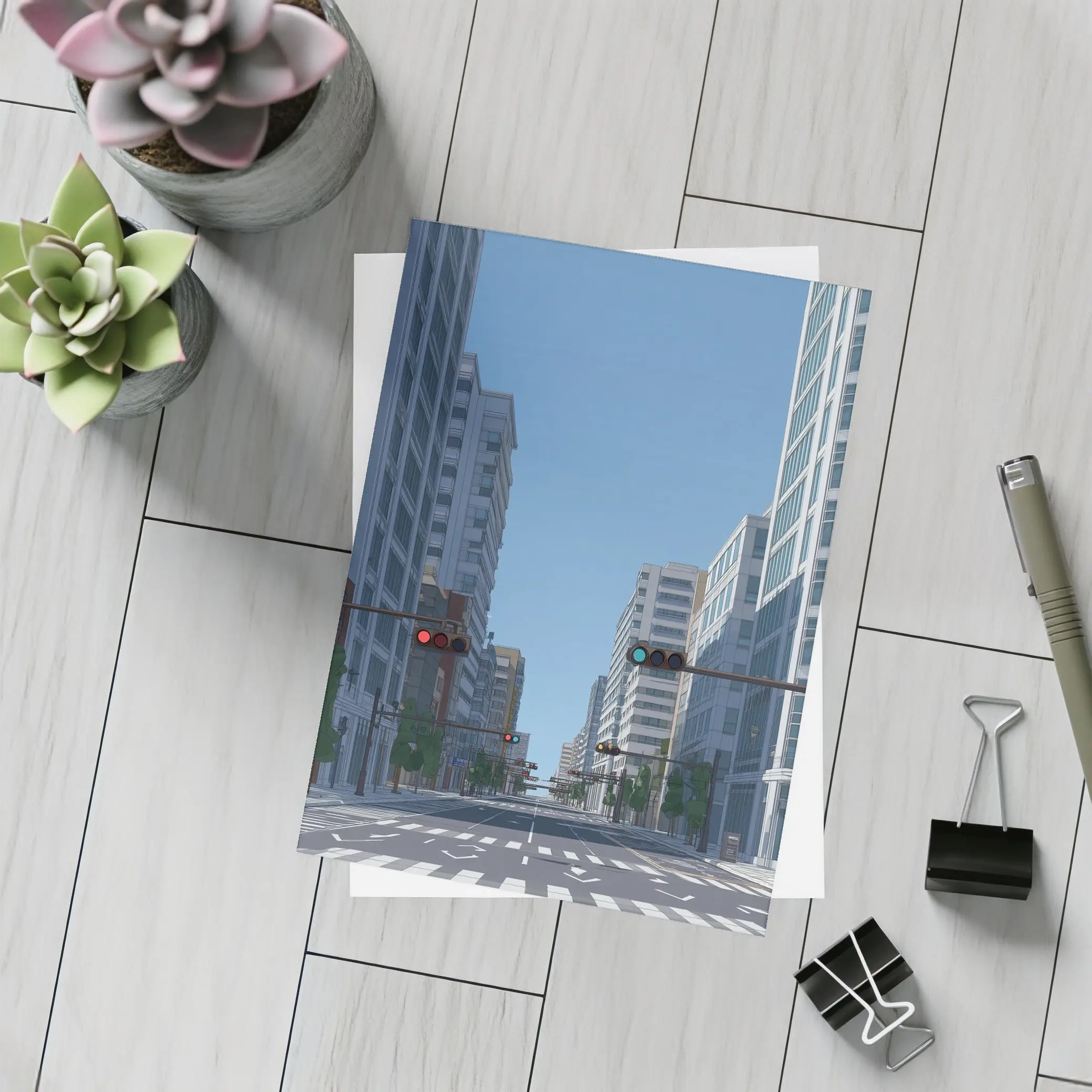 Empty City Street Low Poly Art Style – Postcards