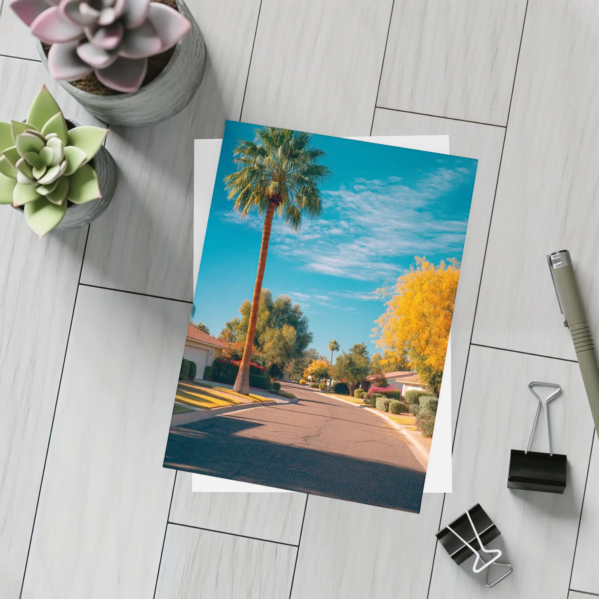 Palm Tree Suburban Street Blue Sky – Postcards