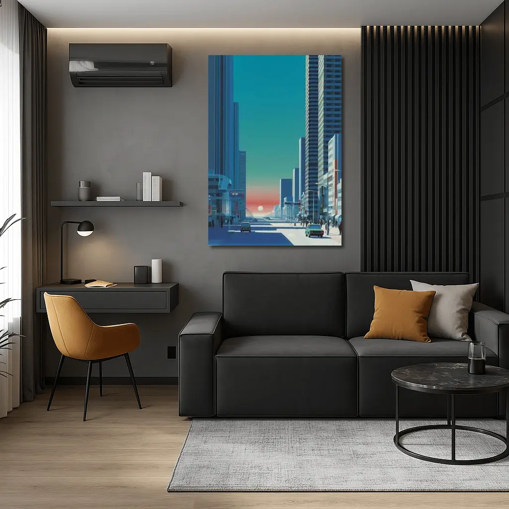 Retro City Street Sunset Blue Skyscraper – Wall Art