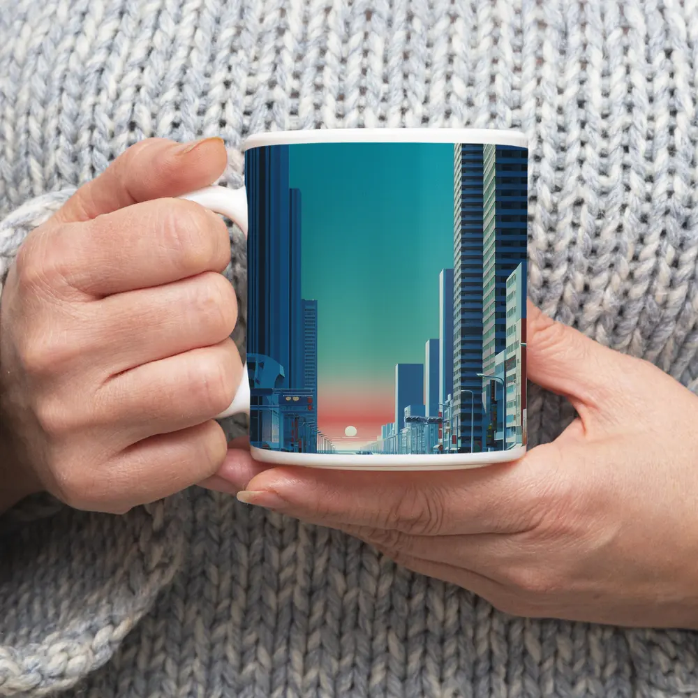 Retro City Street Sunset Blue Skyscraper – Mugs
