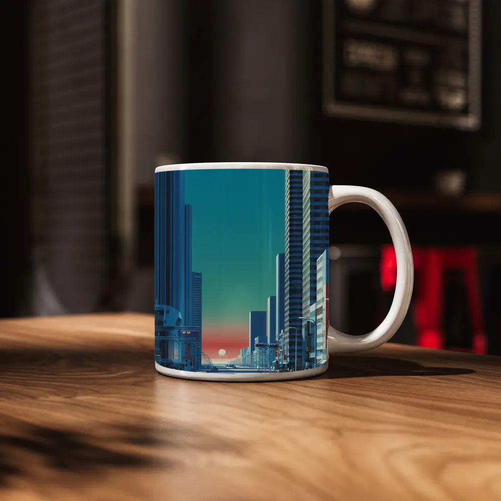 Retro City Street Sunset Blue Skyscraper – Mugs