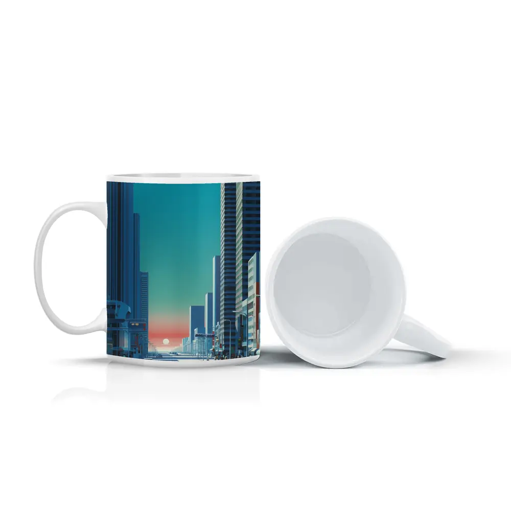 Retro City Street Sunset Blue Skyscraper – Mugs